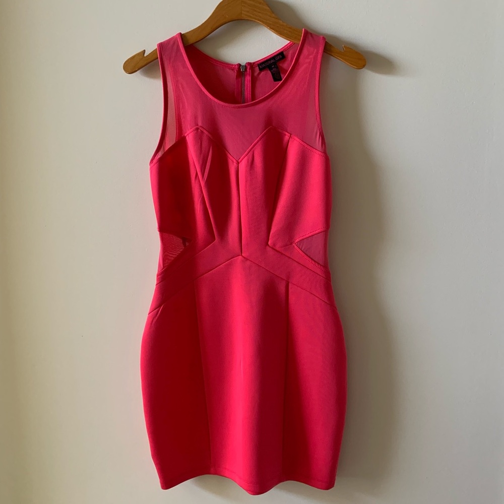 Hot pink mini dress with mesh cutouts